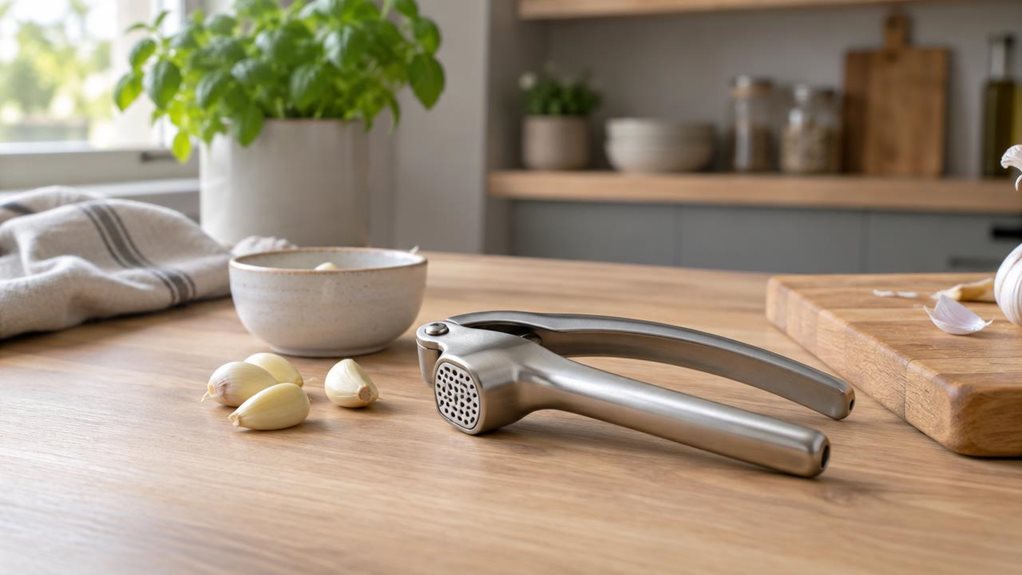 A photograph of a single stainless steel garlic press resting naturally on a light oak kitchen counter, captured in a horizontally composed 16:9 landscape scene. The press sits beside a few peeled garlic cloves, a small ceramic bowl, and a wooden cutting board, suggesting a quiet, everyday cooking moment rather than an action shot. Soft natural window light washes across the modern, minimal kitchen, highlighting the brushed metal finish and subtle curves of the tool. The back
