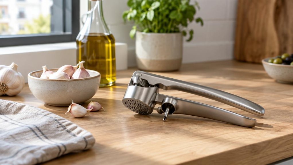 A photograph of a sleek stainless-steel garlic press with an integrated olive stoner resting casually on a light oak kitchen counter in a modern, sunlit apartment, captured in a horizontally composed 16:9 landscape frame. The product is heroed in a natural home setting, positioned beside a small ceramic bowl of garlic cloves, a linen towel, and a glass olive oil bottle, suggesting everyday use without any action taking place. Soft morning light spills in from a nearby window,