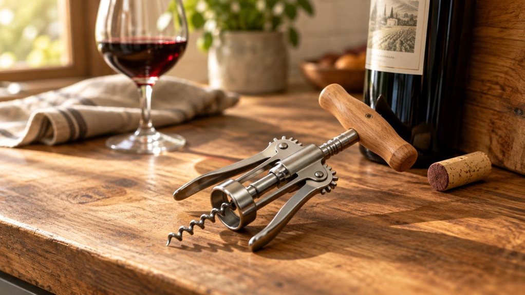 A photograph of a Fackelmann-style Fair Beech/Stainless Steel corkscrew resting diagonally across a rustic wooden kitchen counter, its honey-toned beech wood handle catching warm, natural light streaming in from a nearby window. The polished stainless steel worm and lever arms gleam softly, reflecting subtle highlights from the morning sun. Beside the corkscrew, a freshly opened bottle of red wine leans slightly against a wooden cutting board, with a cork resting nearby, sugg