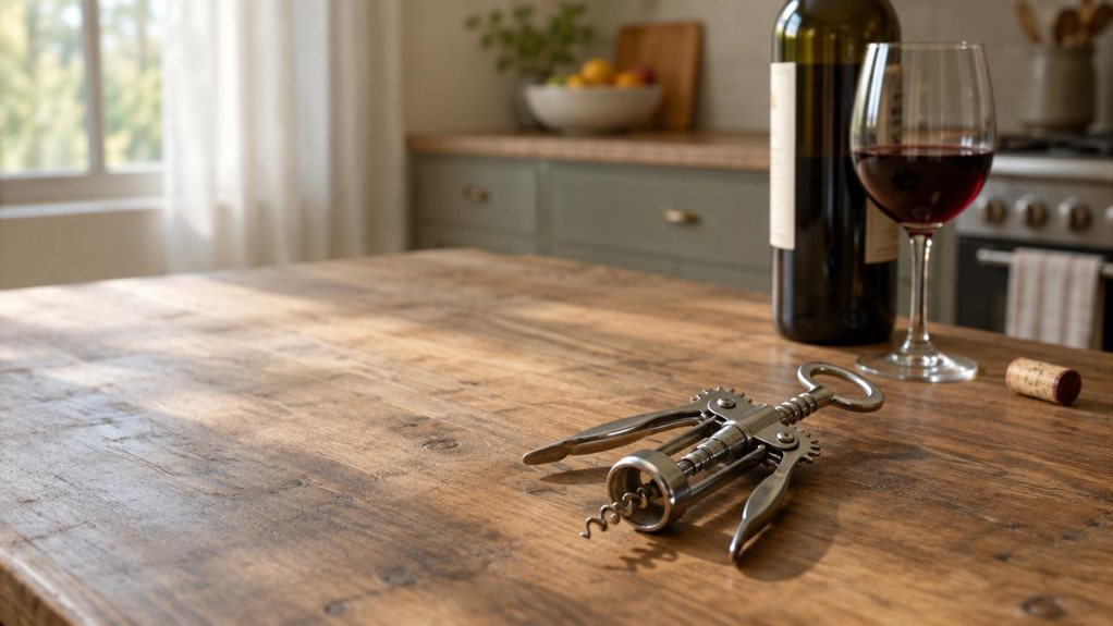 A photograph of a sleek silver metal corkscrew resting diagonally across a reclaimed wood kitchen counter, its polished chrome surface catching soft, natural daylight spilling in from a nearby window. The winged corkscrew design shows subtle fingerprints and light wear, suggesting recent use, with the spiral worm still faintly glinting from oils of handling. Beside it sits an open bottle of red wine, slightly out of focus, with a single glass partially filled, catching warm a