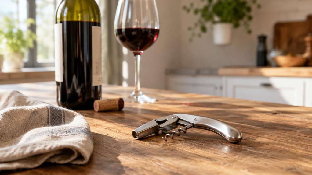 A photograph of a sleek stainless steel corkscrew and bottle opener resting on a weathered wooden kitchen counter, angled slightly to catch the warm afternoon light pouring in from a nearby window. The brushed metal surface of the tool gleams softly, highlighting its ergonomic curves and the fine detail of the spiral worm. Beside it, an open bottle of red wine casts a faint shadow, and a single wine glass filled halfway sits just out of focus in the background, its edges soft