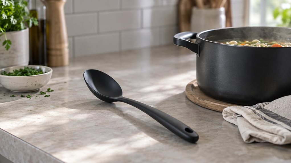A photograph of a single black pointed cooking spoon resting naturally beside a simmering pot on a light stone kitchen counter, composed as a horizontal 16:9 landscape scene. Its gently tapered bowl and matte, heat-resistant finish are clearly visible, with the handle angled toward the foreground. The pot, a folded linen towel, and a small bowl of chopped herbs suggest an everyday home-cooking setting without capturing anyone mid-action. Soft window light falls across the spo