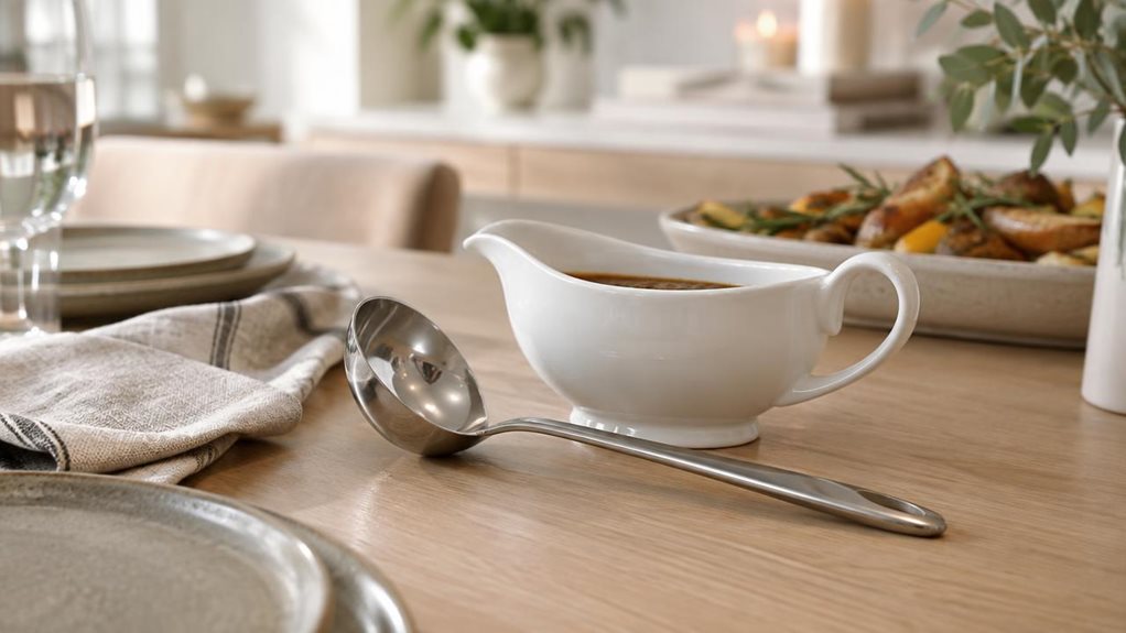 A photograph of a sleek stainless-steel gravy ladle resting naturally beside a white porcelain sauceboat on a modern dining table, captured in a horizontally composed 16:9 landscape scene with a calm, lifestyle editorial feel. The ladle sits angled slightly toward the viewer, its polished bowl and long handle catching soft window light, while subtle reflections emphasize its clean, functional design. Around it, a linen napkin, muted stoneware plate, and a blurred serving plat