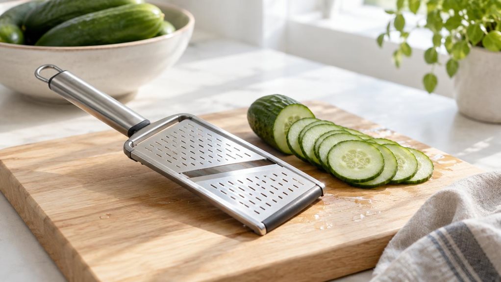 A photograph of a stainless steel cucumber slicer resting diagonally on a light oak cutting board, positioned slightly left of center in a sunlit kitchen. The slicer's NIROSTA-grade steel blade catches soft morning light streaming through a nearby window, creating gentle highlights along its perforated surface and ergonomic handle. Beside it, a freshly sliced cucumber fans out in thin, even rounds, a few droplets of moisture glistening on the cutting board. A linen kitchen to