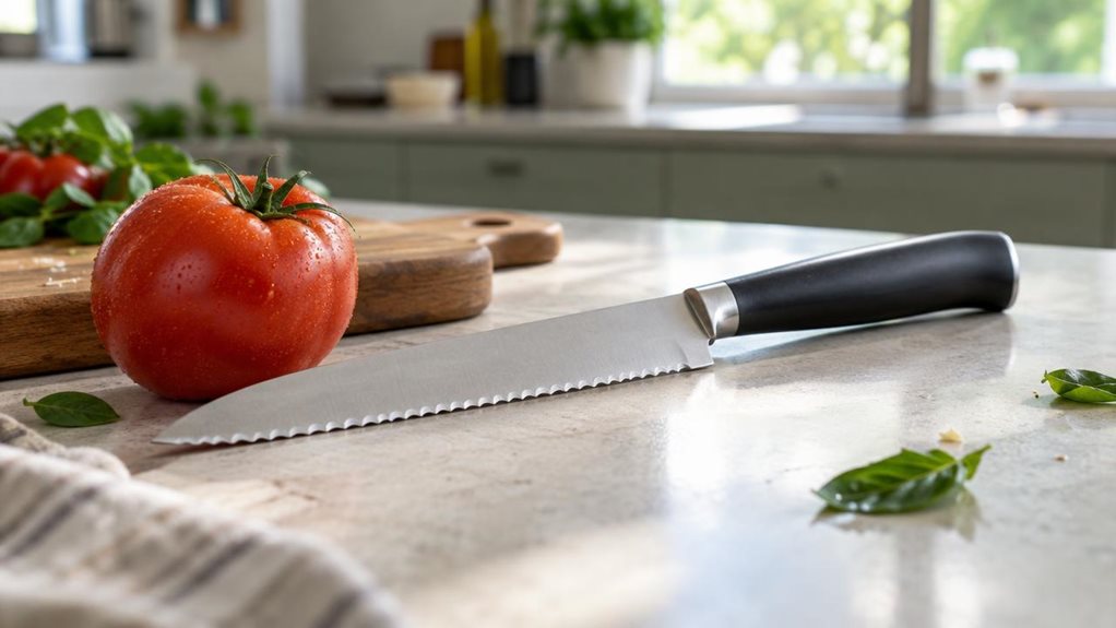 A photograph of a single 19 cm serrated tomato knife resting naturally on a pale stone countertop in a bright, modern kitchen. The knife is the clear hero, placed diagonally beside a ripe tomato and a small wooden cutting board, its finely toothed stainless-steel blade and simple dark handle rendered in crisp, realistic detail. A few loose tomato leaves and subtle kitchen textures add a lived-in feel without making the scene look staged. In the softly blurred background, mute