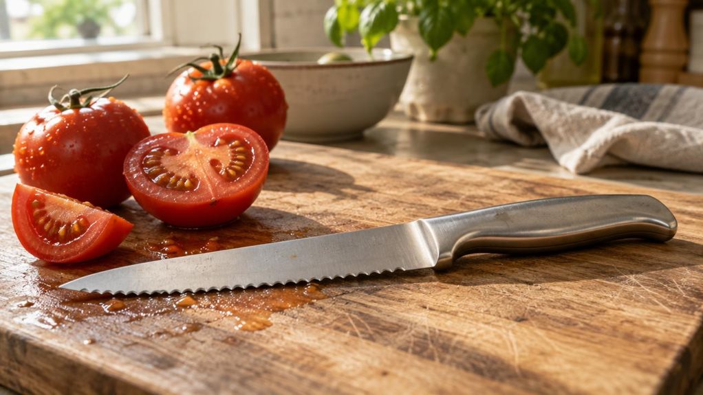 A photograph of a FACKELMANN Nirosta tomato knife resting on a weathered wooden cutting board in a sunlit kitchen, positioned diagonally across the frame in a horizontal 16:9 composition. The knife's serrated stainless steel blade catches soft morning light streaming through a nearby window, highlighting its fine teeth and polished edge. Three ripe tomatoes sit nearby, one sliced open to reveal juicy red flesh and seeds glistening on the board, suggesting the knife was just s