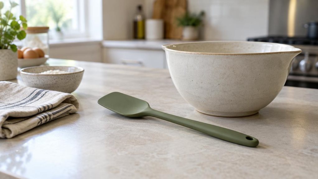 A photograph of a single olive-green, 30-centimeter kitchen spatula resting naturally beside a ceramic mixing bowl on a light stone countertop. Its slim handle and flexible, softly rounded head are clearly visible, with a subtle matte finish and realistic proportions. A folded linen tea towel and a small bowl of ingredients sit nearby, suggesting an everyday home kitchen without distracting from the spatula. The scene is horizontally composed in a 16:9 landscape frame, captur