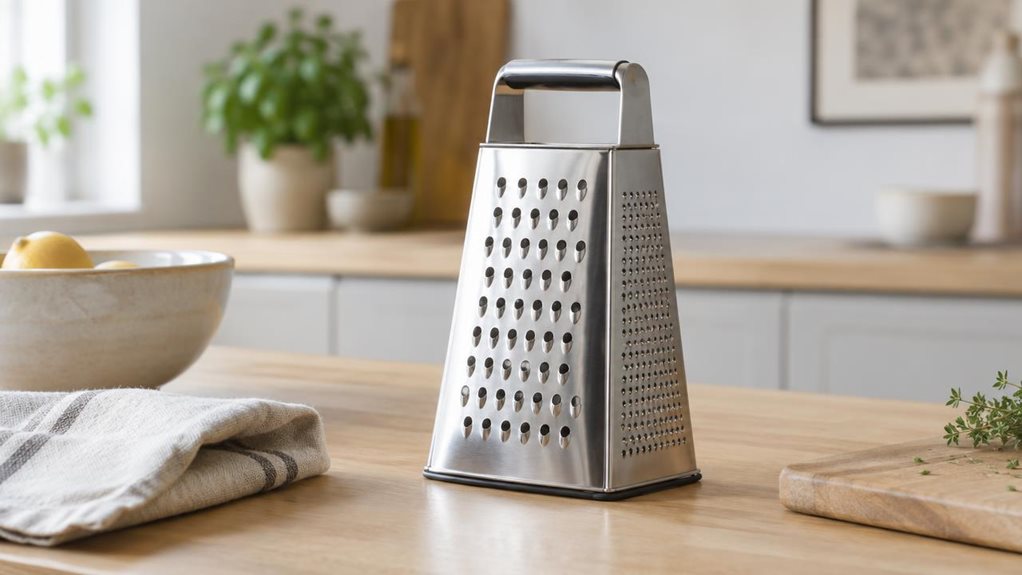 A photograph of a single stainless steel pyramid grater resting casually on a light oak kitchen counter in a bright, modern home, framed in a horizontal 16:9 landscape composition. The grater stands upright near a ceramic bowl, a folded linen towel, and a small cutting board, suggesting a real everyday cooking space rather than a staged studio setup. Its brushed metal surfaces catch soft natural daylight from an off-frame window, creating gentle highlights and subtle reflecti