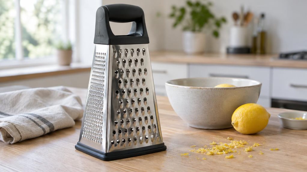 A photograph of a single stainless steel pyramid grater with a black plastic handle resting casually on a light oak countertop in a bright, modern kitchen, framed in a horizontal 16:9 landscape composition. The grater is heroed in the foreground, angled slightly toward the viewer, with its reflective perforated sides catching soft natural window light. Around it, subtle lifestyle details suggest everyday use: a folded linen towel, a ceramic bowl, and a few lemon zest flecks n