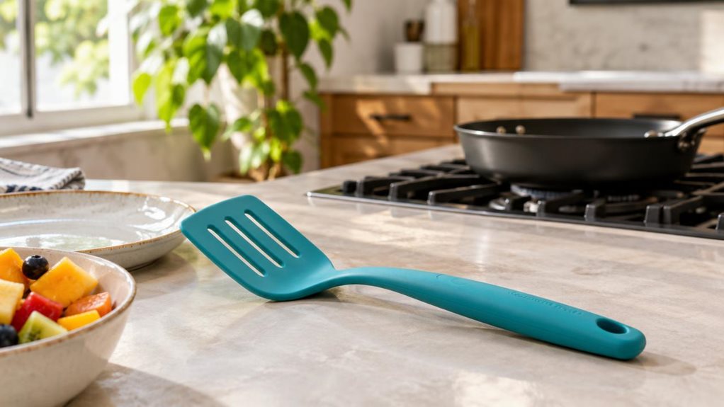 A photograph of a single slotted turner resting casually beside a stovetop in a bright, modern home kitchen, composed as a horizontal 16:9 landscape. The turner is the clear hero, its turquoise handle and broad, neatly slotted head rendered with realistic proportions and subtle surface texture. It lies on a pale stone countertop beside a ceramic plate and a small bowl of fresh tropical fruit, suggesting everyday cooking without appearing staged or mid-action. In the softly bl