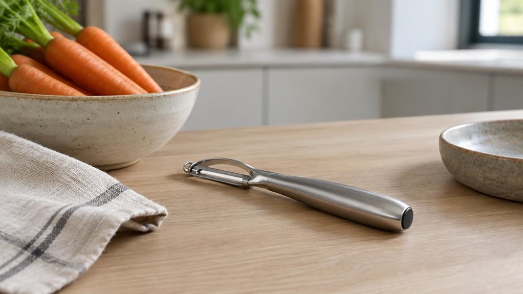 A photograph of a single 15 cm universal peeler resting casually on a light oak kitchen counter, framed in a horizontal 16:9 landscape composition. The peeler is shown in situ beside a ceramic bowl of fresh carrots, a folded linen tea towel, and a muted stoneware dish, suggesting a calm everyday prep scene rather than an action shot. Its sleek stainless-steel blade and ergonomic handle are clearly visible, catching soft natural window light that creates subtle reflections and