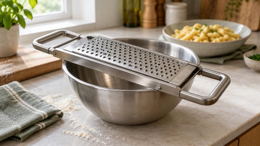 A photograph of a single stainless-steel spätzle grater resting across the rim of a mixing bowl on a bright, lived-in kitchen countertop. The grater is the clear hero, its perforated sliding plate, sturdy handles, and brushed metal surfaces rendered in crisp, realistic detail. A small dusting of flour and a folded linen towel nearby suggest a recent meal preparation, while a bowl of golden spätzle sits softly out of focus in the background. The scene is candid and observation