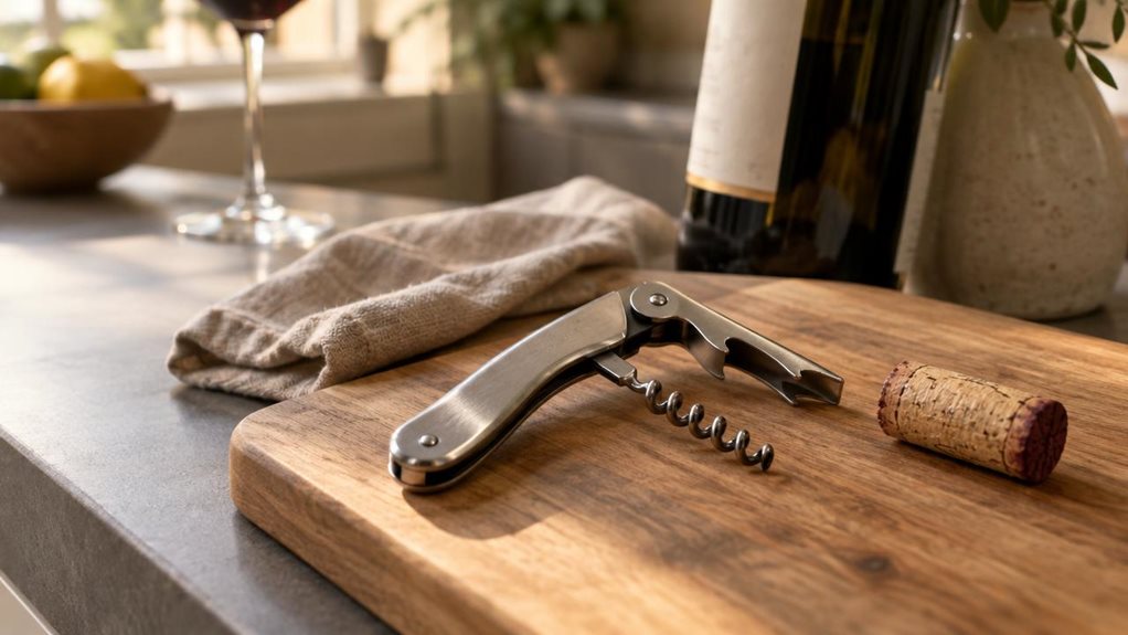 A photograph of a modern kitchen countertop bathed in warm, natural light streaming through a nearby window. Resting diagonally across a wooden cutting board is a sleek waiter's corkscrew, its brushed stainless steel body catching soft highlights. The foldout lever arm is partially extended, hinting at recent use, while the spiral worm glints subtly under the light. Beside it lies a cork, slightly compressed, and an uncorked wine bottle leaning gently against a ceramic vase i