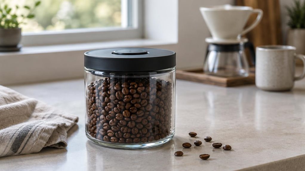 A photograph of a single clear glass vacuum storage container with a matte black lid, resting on a pale stone kitchen counter in a calm, modern home. The container is filled with glossy roasted coffee beans, visible through the glass, with a few beans scattered nearby and a folded linen towel adding a natural, lived-in touch. A ceramic pour-over dripper and a small mug sit farther back, softly blurred, suggesting a quiet coffee-making space without drawing attention from the