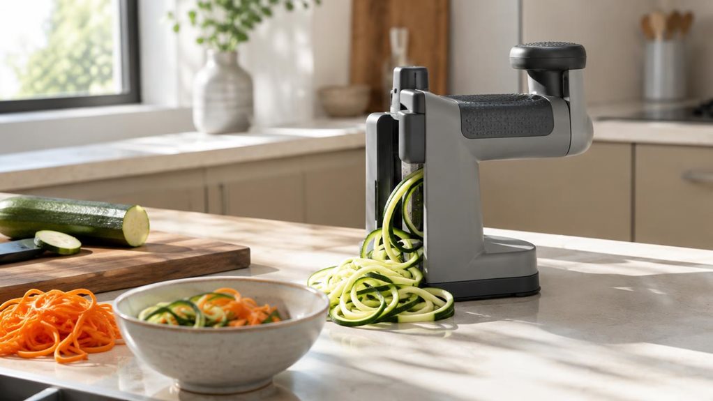 A photograph of a sleek, unbranded vegetable slicer resting on a sunlit kitchen counter in a modern home, captured in a wide 16:9 landscape composition with a relaxed, candid feel. The slicer sits beside a cutting board, a few freshly spiraled vegetables, and a small bowl, as if someone had just paused during meal prep. Its clean lines, matte finish, and practical design are clearly visible, with realistic details like textured grip and cutting blades catching the light. Soft