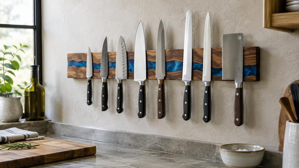 A photograph of a FINDKING-style magnetic knife rail mounted on a pale, textured kitchen wall, composed horizontally in a 16:9 landscape frame. The single hero product is crafted from warm acacia wood with a vivid blue resin accent flowing through its natural grain. A neat row of varied kitchen knives rests securely against the rail, their steel blades catching soft window light. The rail hangs above a clean stone countertop with a wooden cutting board and a small ceramic bow