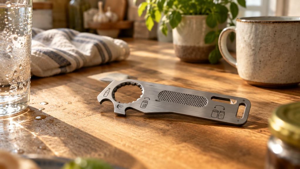 A photograph of a compact, flat multi-opener tool resting on a rustic wooden kitchen counter, bathed in warm afternoon sunlight streaming through a nearby window. The tool's brushed stainless steel surface catches soft highlights, revealing its various cutout shapes designed for twisting off bottle caps, prying lids, and opening jars. Condensation droplets from a nearby glass hint at recent use, while a few scattered kitchen items—a dish towel, a ceramic mug, and a small pott