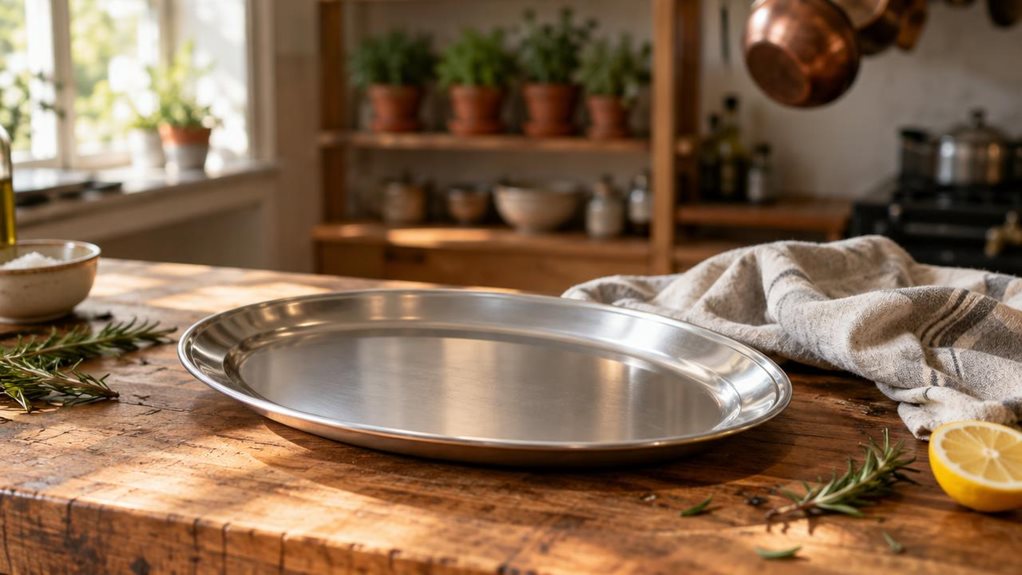A photograph of a 12-inch oval steel platter resting on a weathered butcher-block countertop in a sunlit farmhouse kitchen. The brushed stainless surface catches soft morning light streaming through a nearby window, casting a gentle gradient across its polished rim. Scattered around the platter are a few sprigs of fresh rosemary and a half-sliced lemon, suggesting a meal recently prepared. A linen napkin, slightly crumpled, lies just beside the plate, its folds textured by na