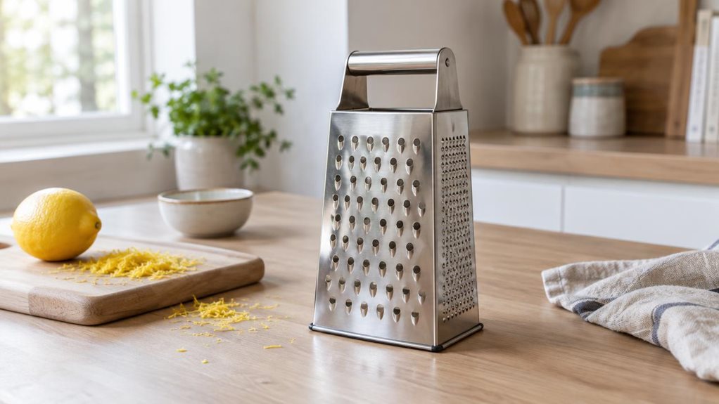 A photograph of a single four-sided stainless-steel grater resting upright on a pale oak kitchen counter, framed in a horizontal 16:9 landscape composition. The scene feels candid and lived-in, as if casually captured in a modern, sunlit kitchen with clean lines, matte white cabinetry, and subtle ceramic accents in the softly blurred background. Natural window light washes across the brushed metal surface, creating gentle highlights and realistic reflections while a shallow d