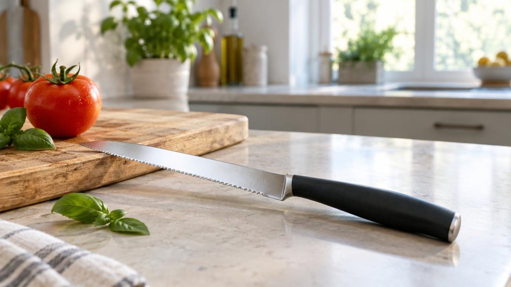 A photograph of a single 23 cm serrated tomato knife resting naturally on a pale stone kitchen counter beside a wooden cutting board. Its slim stainless-steel blade catches the soft morning light, with the fine serrations clearly visible, while the simple dark handle sits angled toward the viewer. A ripe tomato and a few loose basil leaves nearby suggest the knife’s everyday purpose without making the scene feel staged. In the softly blurred background, a bright, modern kitch