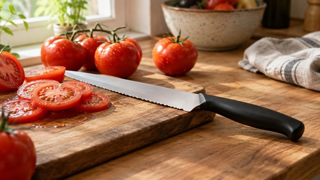 A photograph of a 23 cm tomato knife resting on a wooden kitchen countertop, its serrated blade catching soft morning light streaming through a nearby window. The knife lies diagonally across a rustic cutting board, beside a few freshly sliced tomatoes, their juicy red interiors glistening. Scattered nearby are a handful of whole tomatoes, their skins slightly dewy, adding a sense of freshness to the scene. The black handle of the knife is minimalist and ergonomic, designed f
