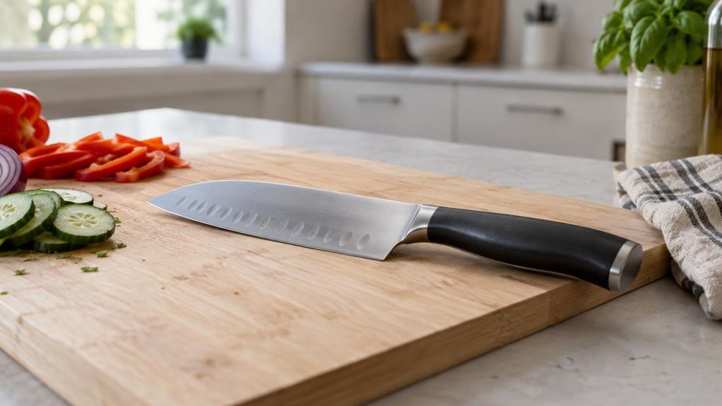 A photograph of a single santoku knife resting naturally on a pale wooden cutting board in a calm, modern home kitchen. The knife is the clear hero: its broad stainless-steel blade and dark ergonomic handle are shown in crisp detail, with subtle reflections along the blade and realistic, understated construction. A few sliced vegetables and a folded linen kitchen towel sit nearby, suggesting everyday use without showing anyone or catching the scene mid-action. The horizontall
