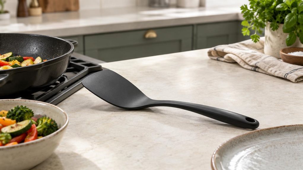 A photograph of a single black, gently curved kitchen spatula resting beside a ceramic plate on a pale stone countertop, its broad, flexible head and slim handle clearly visible. The spatula is the hero of a relaxed, modern home-kitchen scene, positioned near a skillet on the stovetop and a small bowl of freshly cooked vegetables. Nothing is being flipped; the quiet, observational composition feels like a moment between cooking steps. Soft window light falls across the counte