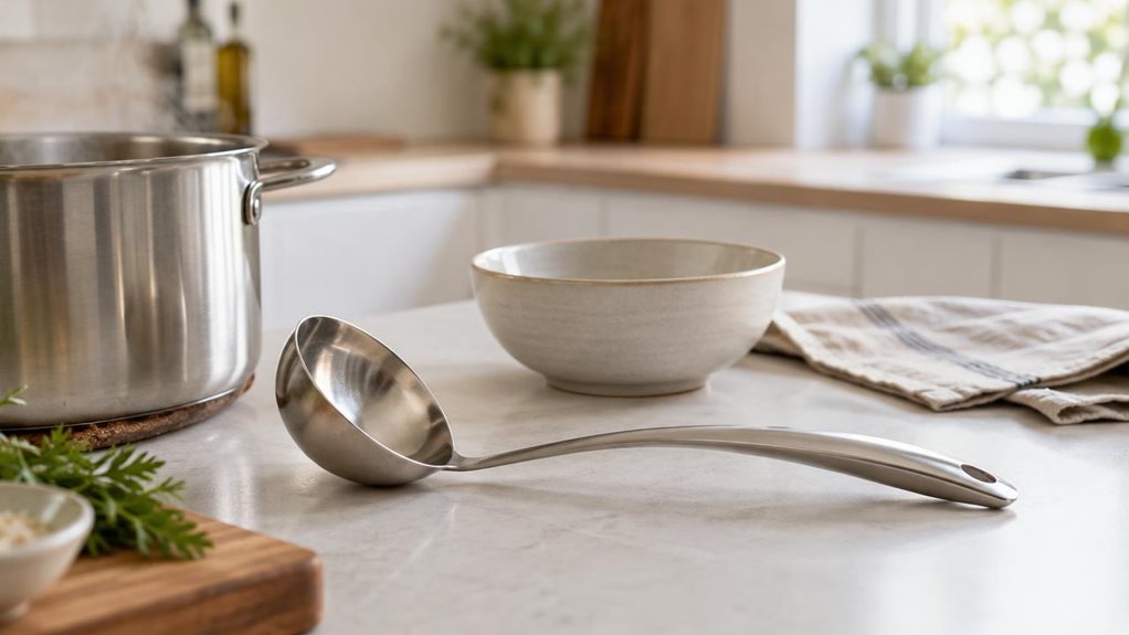 A photograph of a sleek, modern soup ladle resting beside a matte ceramic soup bowl on a bright kitchen countertop, composed in a horizontal 16:9 landscape frame. The ladle is the clear hero of the scene, placed naturally in-situ near a stainless-steel pot and a folded linen napkin, as if someone had just paused while preparing a simple lunch. The environment feels calm and lived-in, with clean Scandinavian-inspired cabinetry, pale wood accents, and a subtle hint of steam lin