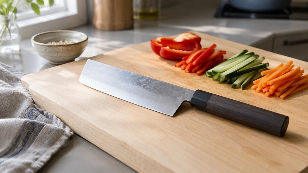 A photograph of a single Japanese-style nakiri vegetable knife resting diagonally on a pale wooden cutting board in a calm, modern home kitchen. Its broad rectangular stainless-steel blade and simple dark handle are clearly visible, with a few freshly cut vegetables—red bell pepper, cucumber, and carrot—neatly gathered nearby. The knife is the unmistakable hero, shown at rest rather than in use, as though someone has just stepped away from preparing lunch. A linen tea towel a