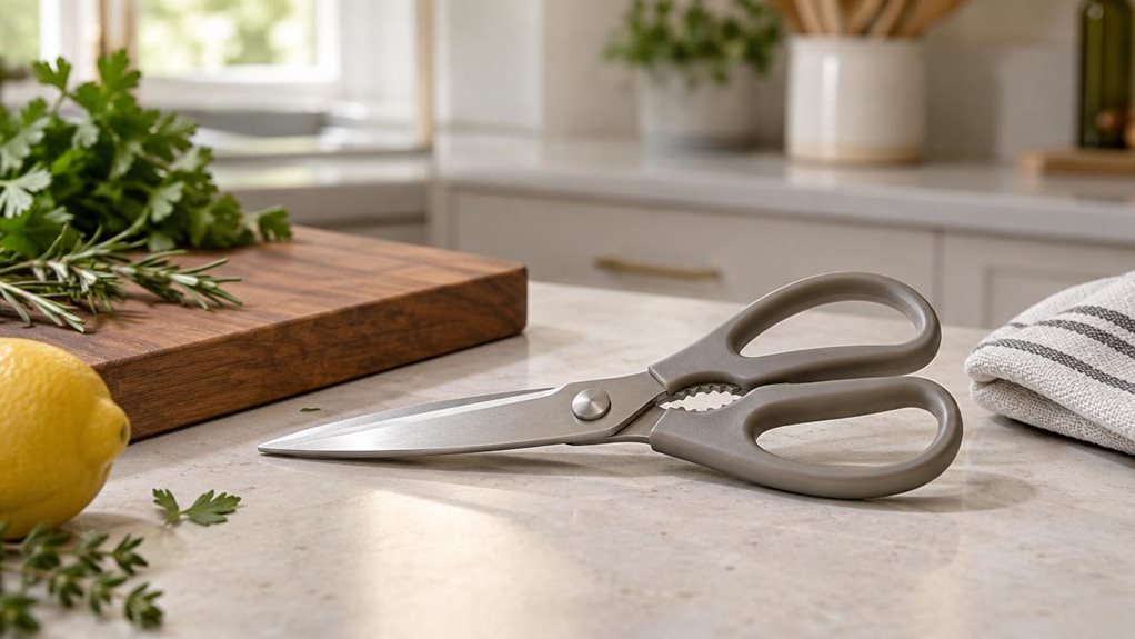 A photograph of a single pair of 21 cm kitchen scissors resting naturally on a pale stone countertop beside a wooden cutting board. The scissors are the clear hero of the horizontally composed 16:9 landscape scene, with clean, realistic stainless-steel blades and understated, recycled-looking handles in a muted warm gray. A few fresh herbs, a lemon, and a neatly folded kitchen towel sit nearby, suggesting everyday use without making the scene feel staged or caught mid-action.