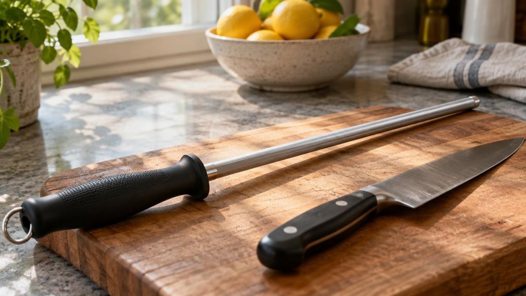 A photograph of a modern kitchen countertop bathed in soft, natural light streaming through a nearby window. The focal point is a 33 cm sharpening steel, its brushed stainless-steel rod resting diagonally across a wooden cutting board, catching subtle glints of sunlight along its ridged surface. The ergonomic handle, matte black with a slightly textured grip, lies closest to the camera, suggesting recent use. Beside it, a chef’s knife rests at an angle, hinting at the steel's