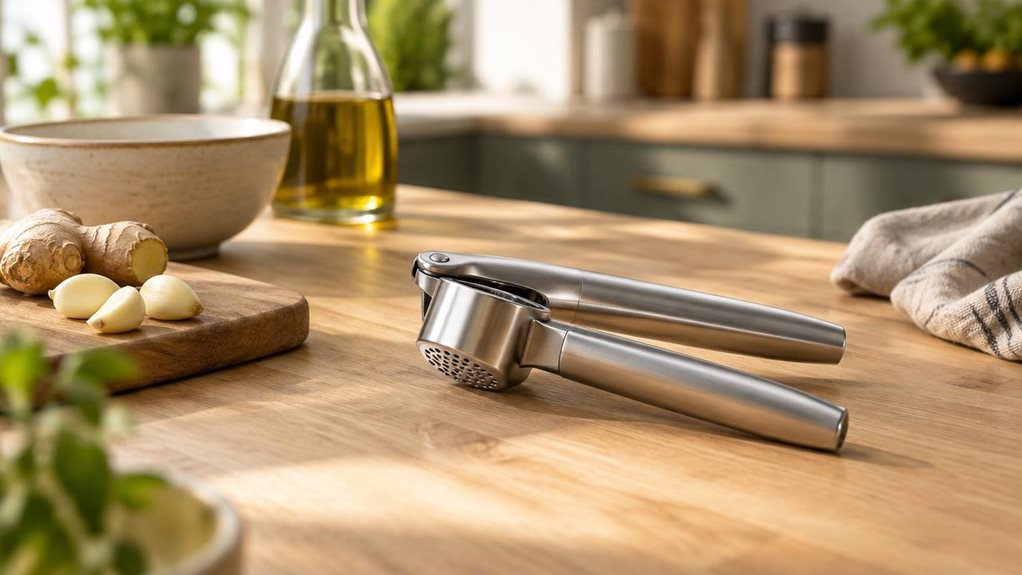 A photograph of a sleek stainless-steel garlic press resting naturally on a light oak kitchen counter, framed in a horizontal 16:9 landscape composition with a calm, modern home aesthetic. The scene feels candid and observational, as if captured during a quiet moment in a sunlit kitchen: a small cutting board with a few peeled garlic cloves and a nub of ginger sits nearby, alongside a ceramic bowl, a linen towel, and a glass olive oil bottle. The garlic press is the clear her