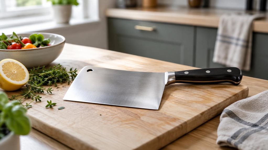 A photograph of a single kitchen cleaver with a broad, polished 16.5 cm blade and a sturdy dark handle, resting naturally on a pale wooden cutting board in a modern home kitchen. The cleaver is the clear hero of this horizontally composed, 16:9 landscape scene, photographed at a relaxed three-quarter angle that reveals the blade’s clean edge and subtle brushed-metal finish. A few restrained ingredients—a halved lemon, sprigs of fresh herbs, and a small bowl of vegetables—sit 