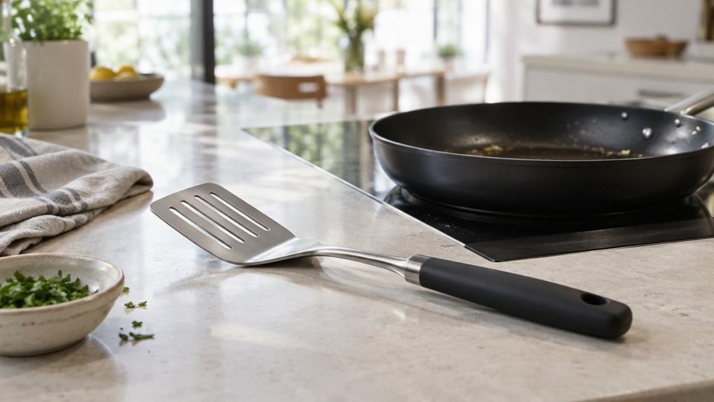 A photograph of a single stainless-steel spatula resting beside a black nonstick frying pan on a pale stone kitchen counter, composed horizontally in a 16:9 landscape frame. The spatula is the clear hero, its slim metal head and matte dark handle catching gentle window light, with a few subtle signs of everyday cooking nearby: a folded linen towel and a small bowl of chopped herbs. The pan sits on a modern stovetop in the background, with a softly blurred, airy kitchen beyond