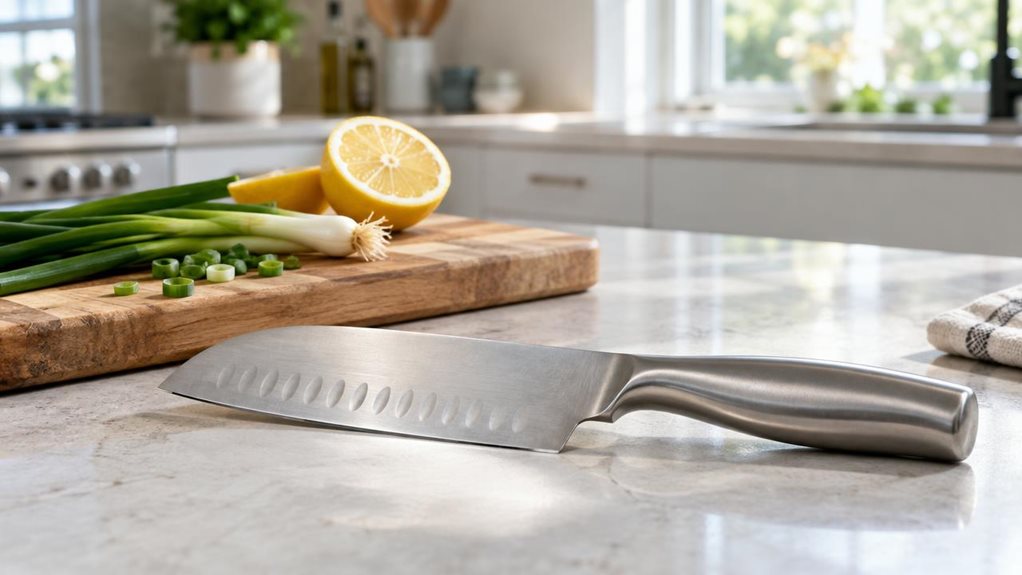 A photograph of a single 12.4 cm stainless steel santoku knife resting on a pale stone kitchen counter, its broad, gently curved blade and clean, unbranded handle clearly visible. The knife is the hero of a horizontally composed 16:9 landscape scene, positioned beside a wooden cutting board with a few casually arranged scallions and a halved lemon nearby. In the softly blurred background, a bright, modern home kitchen shows subtle cabinetry and a sunlit window. Natural daylig