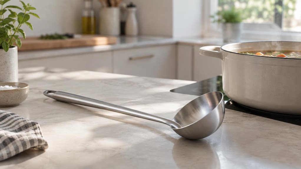 A photograph of a sleek 33.5 cm stainless steel sauce ladle resting naturally beside a simmering ceramic saucepan on a clean, modern kitchen counter, captured in a horizontally composed 16:9 landscape scene. The ladle is the clear hero of the image, positioned diagonally with its long handle leading the eye toward the shallow bowl, its brushed metal surface catching soft window light. The setting feels candid and observational, as if casually photographed during a quiet cooki