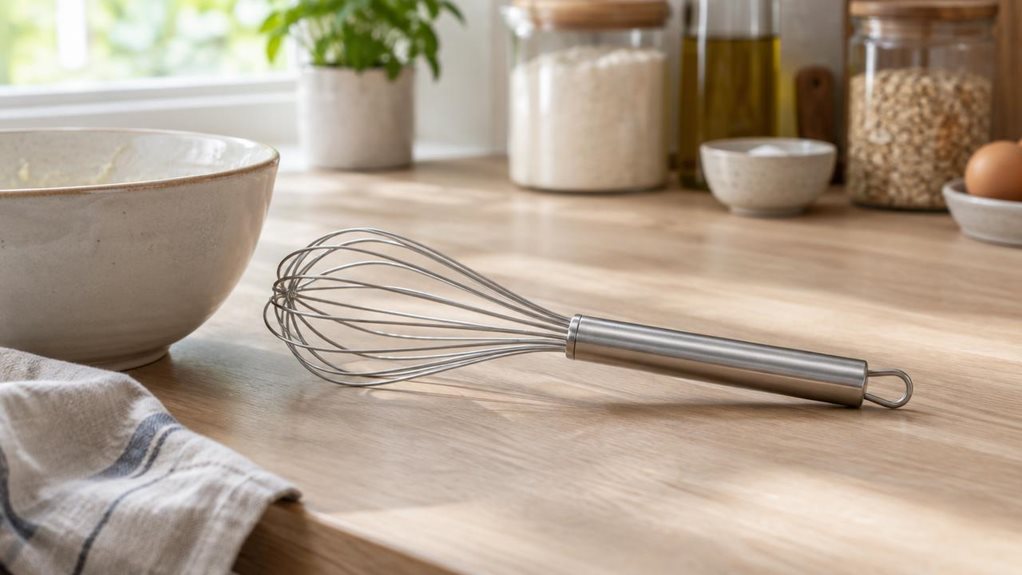 A photograph of a single 25 cm stainless steel whisk resting casually on a pale oak kitchen counter beside a ceramic mixing bowl, captured in a horizontally composed 16:9 landscape scene. The whisk is the clear hero of the image, placed naturally in a modern, softly styled kitchen with matte stone surfaces, a muted linen tea towel, and a few out-of-focus pantry items in the background. The camera angle feels observational and unposed, as if someone paused for a quick lifestyl