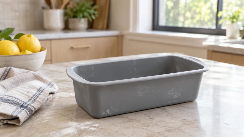 A photograph of a single flexible silicone loaf pan resting on a pale stone kitchen countertop, composed as a horizontal 16:9 landscape scene. The muted gray pan is the clear hero, its softly rounded rectangular shape and flexible sides shown in crisp detail, with a few subtle flour marks suggesting it has been used. Nearby, a folded linen tea towel and a small bowl of ripe lemons lend a relaxed, lived-in feel without distracting from the pan. In the softly blurred background