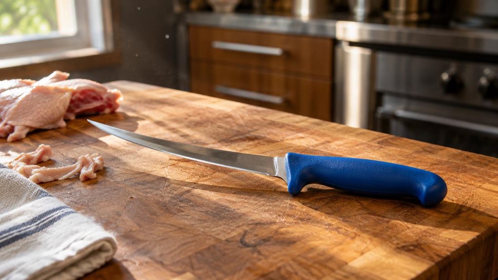 A photograph of a flexible boning knife with a 15 cm steel blade and a blue polymer handle, resting on a wooden butcher's block in a professional kitchen setting. The knife lies diagonally across the frame, its edge catching soft, natural light streaming in from a nearby window, creating a subtle gleam along the blade's curve. Beside it, a few scraps of trimmed poultry and a folded cotton towel suggest recent use, while a wooden cutting board with faint knife marks anchors th
