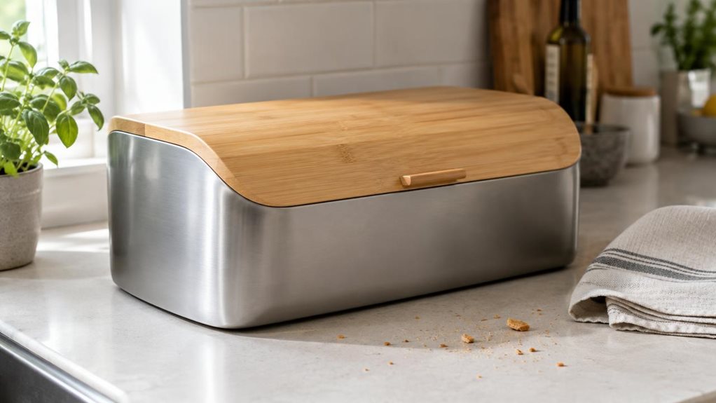 A photograph of a single steel-and-bamboo bread bin resting on a light kitchen countertop, captured in a horizontal 16:9 landscape composition. Its smooth, matte steel body and warm bamboo lid are the clear focus, with a few crumbs and a folded linen tea towel nearby lending a quietly lived-in feel. The bin sits naturally against a simple backsplash, with a small potted herb and softly indistinct kitchen details in the background. Gentle daylight from a nearby window creates