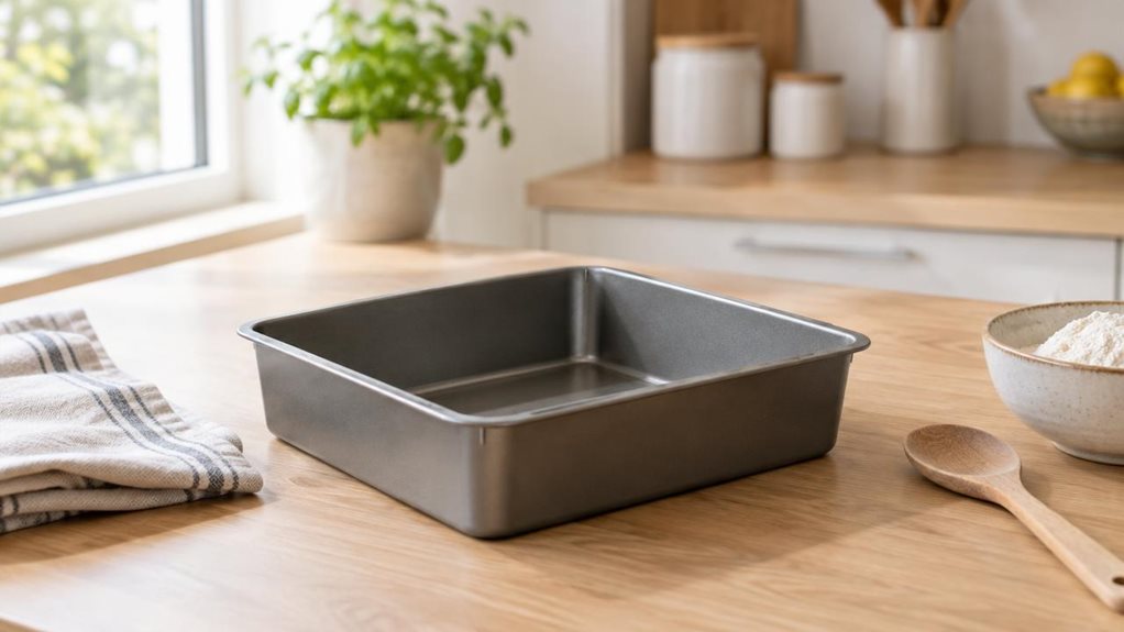 A photograph of a single 24 × 24 cm square cake tin sitting naturally on a light oak kitchen counter in a bright, modern home kitchen, composed in a horizontal 16:9 landscape frame. The tin is the clear hero of the scene, shown in-situ beside a folded linen tea towel, a wooden spoon, and a small bowl of flour, as if ready for an afternoon baking session. Its clean, practical design has a slightly matte finish and subtle metallic highlights, with realistic edges and proportion