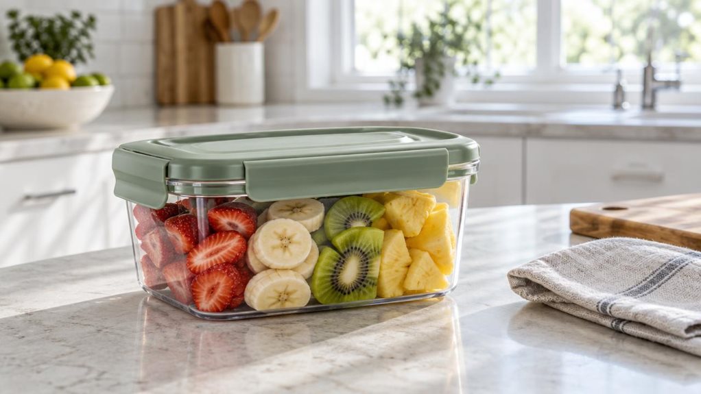 A photograph of a single clear 1.3-liter food container resting on a pale stone kitchen counter, its transparent body and softly rounded rectangular shape showing neatly arranged sliced fruit inside. A muted sage-green lid sits securely on top, with subtle locking tabs and realistic molded details. The container is the hero of a horizontally composed 16:9 landscape scene, positioned naturally beside a folded linen towel and a small wooden cutting board. In the softly blurred 
