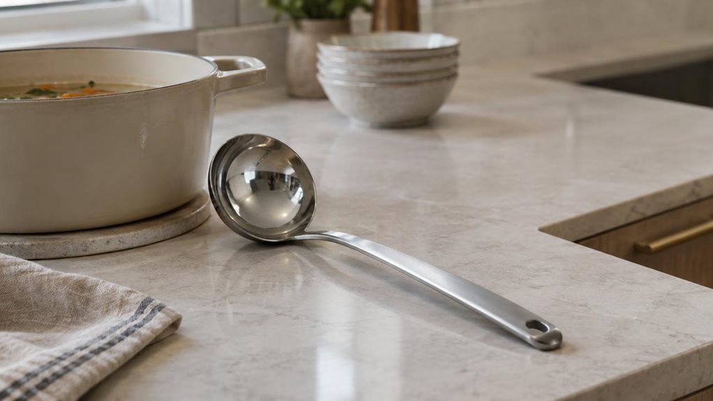 A photograph of a single stainless steel soup ladle resting naturally beside a ceramic soup pot on a sleek modern kitchen counter, captured in a horizontally composed 16:9 landscape scene. The ladle is the clear focal point, placed in-situ as if left there after serving, with its polished bowl catching soft window light and a clean, brushed handle extending toward the foreground. The setting feels calm and lived-in: a contemporary kitchen with muted tones, pale stone surfaces