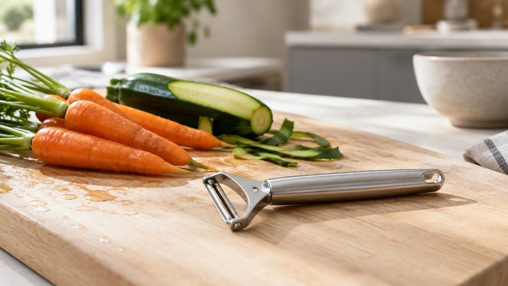 A photograph of a single classic vegetable peeler resting on a light oak cutting board in a modern, sunlit kitchen, composed in a horizontal 16:9 landscape frame. The peeler is the clear focal point, positioned naturally beside a few freshly washed carrots and a partially peeled zucchini, suggesting a quiet everyday prep scene rather than an active cooking moment. The handle has a clean, utilitarian design with a subtle brushed-metal finish and a comfortable, timeless shape, 