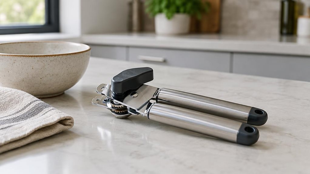 A photograph of a single stainless-steel can opener resting naturally beside a ceramic bowl and a folded linen towel on a clean, modern kitchen countertop, framed in a horizontal 16:9 landscape composition. The scene feels candid and observational, as if captured casually with a high-end camera during a quiet morning in a well-designed home. The can opener is the clear hero of the image, shown in full detail with a sturdy matte handle, polished cutting wheel, and compact, dur