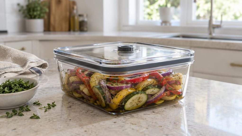 A photograph of a single clear FoodSaver-style vacuum container resting on a light stone kitchen island, composed as a horizontal 16:9 landscape scene. The container is the hero, shown at a natural three-quarter angle with its transparent lid, subtle vacuum valve, and neatly arranged marinated vegetables visible inside. A small bowl of fresh herbs and a folded linen towel sit nearby, suggesting everyday meal preparation without making the scene feel staged. In the softly blur