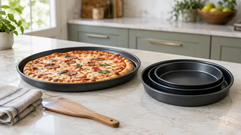 A photograph of a single four-piece pizza pan set arranged neatly on a pale stone kitchen island, with the largest round pan resting flat and the smaller pans nested beside it to show their different sizes and dark, nonstick surfaces. A freshly baked pizza sits in the largest pan, its golden crust and melted cheese suggesting a relaxed evening meal; a folded linen towel and a simple wooden pizza server rest nearby. The horizontally composed 16:9 landscape scene feels candid a
