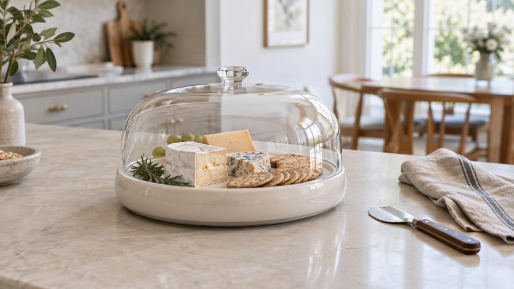 A photograph of a single cheese dish set resting on a pale stone kitchen island in a bright, modern home. The dish has a low, rounded form with a smooth, glossy finish and a clear domed cover, arranged with a few small wedges of cheese and a handful of crackers for a natural, lived-in feel. Nearby, a linen napkin and a simple cheese knife sit casually on the counter, while softly blurred cabinetry and a sunlit dining area create a quiet domestic backdrop. The scene is horizon