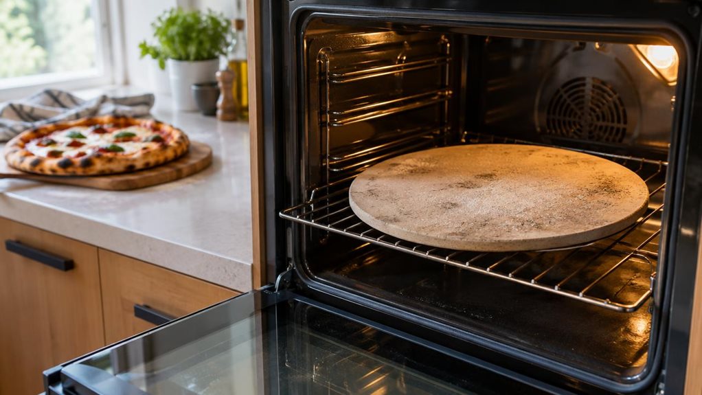 A photograph of a round pizza stone resting inside an open home oven, framed in a horizontal 16:9 landscape composition. The pale, porous ceramic surface is lightly dusted with flour and marked by subtle signs of use, with a freshly baked pizza sitting nearby on a wooden board for context. The oven is built into a clean, modern kitchen with warm wood cabinetry and a softly blurred countertop in the background. Gentle natural daylight from a nearby window mixes with the oven’s
