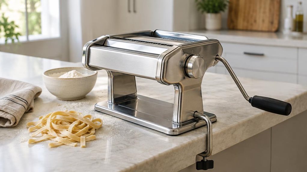 A photograph of a single stainless-steel pasta machine resting naturally on a light stone kitchen island in a bright, contemporary home kitchen. The machine is the clear hero of a horizontally composed 16:9 landscape scene, shown at a relaxed three-quarter angle with its rollers, adjustment dial, and sturdy clamp visible. A neatly folded linen towel, a small bowl of flour, and a few loose strands of fresh pasta sit nearby, suggesting everyday use without showing anyone mid-ac